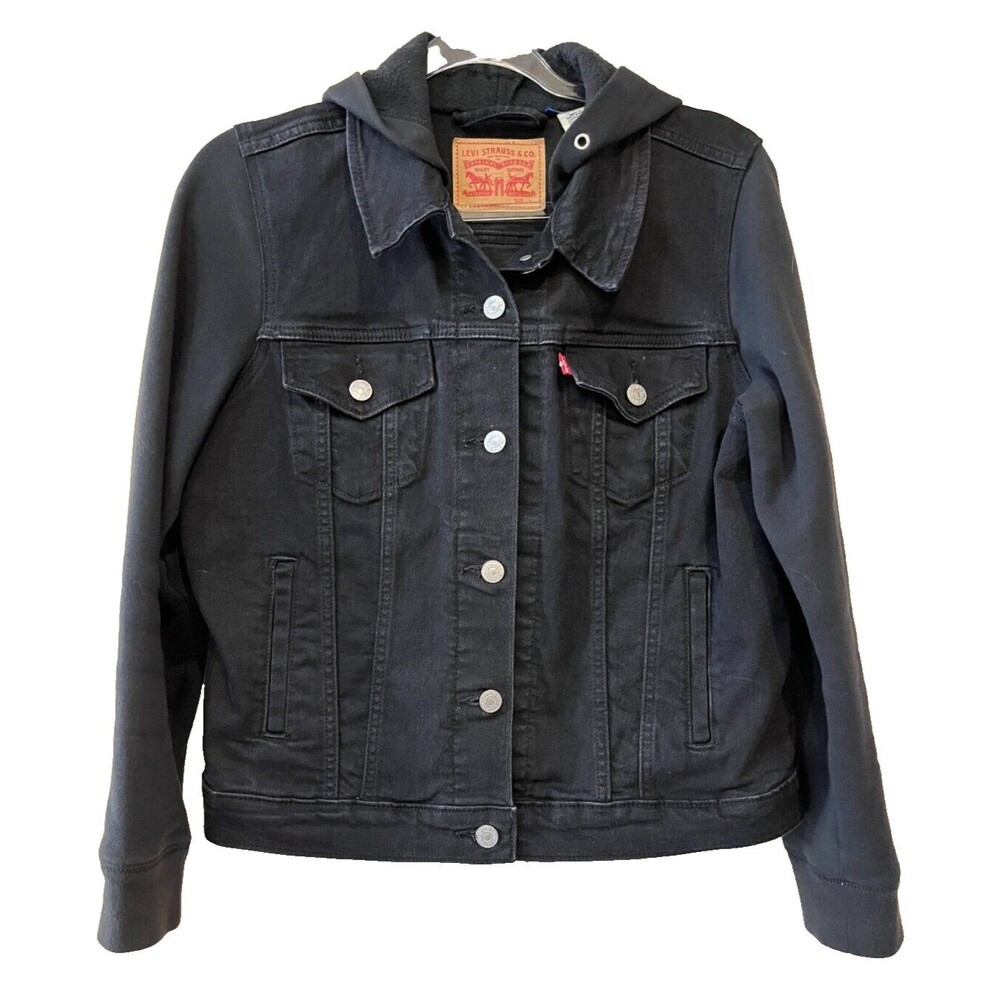 LEVI’S Jacket Unisex sz Large Denim Black Hybrid Hoodie Trucker Sweatshirt Hood